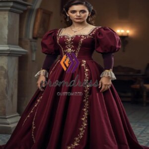 Historical Dark Red Renaissance Evening Dress With Gold Lace Victorian Duchess style Prom Dress Enchantress Party Customized
