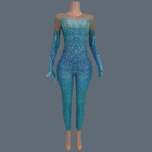 Shine Full Crystals Blue Luxury Jumpsuit for Women Sexy Birthday Party Bodysuit Nightclub Stage Performance Skinny Wear Longlin