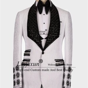 Fashion Jacquard Groom Wedding Tuxedos 3 Pieces Sets Men Suits Luxury Beaded Crystals Male Party Blazer Customized Costume Homme