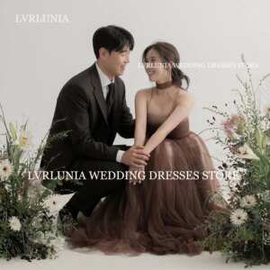 LVRLUNIA Fairy Tulle Long Evening Dress Coffee Korea Wedding Photo Shoot Dress Strapless Bridal Party Dress Corset Customized