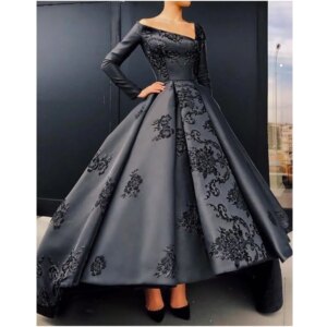 Luxury Black Appliques Evening Dresses Formal Draped A-Line Tea-Length Gowns Special Occasion Prom Dress Vestidos de Gala