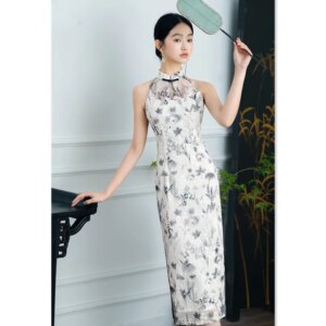 Fashion Improvement New Chinese Style Long Halter off-the-Shoulder Cheongsam Qi Pao Spring and Summer Flocking