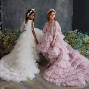 Flower Girl Dresses White And Pink Tulle Tiered With Long Tailing Short Sleeve For Wedding Birthday Party Banquet Princess Gowns