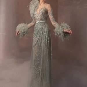 Gorgeous Beaded Feathers Long Evening Dress Illusion Long Sleeve Prom Dresses Customized Graceful A-line Wedding Party Gown
