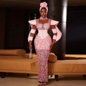 Aso Ebi Style Long Evening Gowns Ruched Satin Sleeves Women Formal Occasion Party Dress Saudi Arabia Pink Sequined Prom Dresses