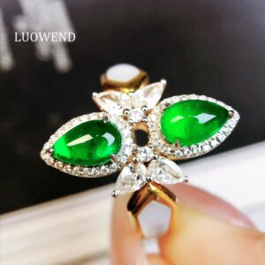 LUOWEND 100% 18K Yellow Gold Rings Luxury Vintage Style Shiny Diamond Natural Emerald Ring for Women High Wedding Jewelry