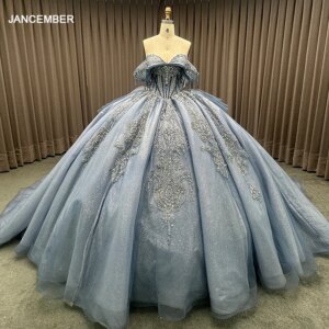 Customized Blue Shiny Quinceanera Dresses Mexican Sweetheart Ball Gown Puffy Off Shoulder Applique Lace Lsmc12