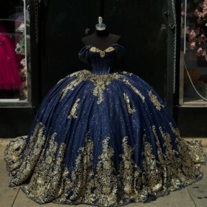 Sparkly Navy Blue Quinceanera Dresses Gold Sequin Appliques Lace Beaded Crystal Tull Ball Gown With Bow Sweet 16 Dress vestidos