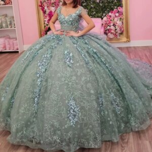 Mint Green Shiny Quinceanera Dresses Ball Gown Off The Shoulder Sequin Applique Lace Beads Tull Party Birthday Sweet 16 Dress