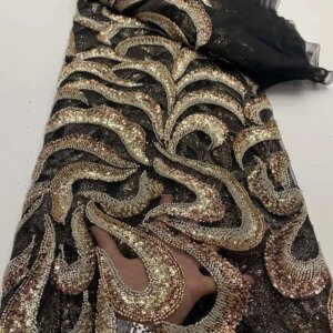 5 Yards Nigerian Black Beaded Lace Fabric Tulle Lace African Wedding Party Dress Gold Sequence Beaded Lace For Sewing KB4458