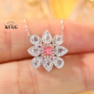 KUGG 100% 18K White Gold Necklace Romantic Flower Design Real Natural Pink Diamond Pendant Necklace for Women Engagement Jewelry