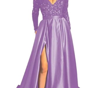 Women’s Sparkly Sequin Prom Ball Gown with Pockets Long Sleeve Satin Formal Evening Dress with Slit elegant for wedding party