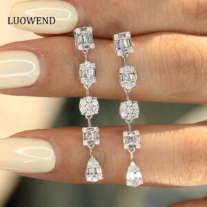 LUOWEND 100% 18K White Gold Earrings 1.0carat Real Natural Diamond Drop Earrings Luxury Shiny Design Party Jewelry for Women