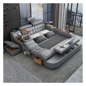 Modern Simple Leather Double Bed Intelligent Multi-function Massage With Projector Storage Bed Hotel Sex Queen Bed