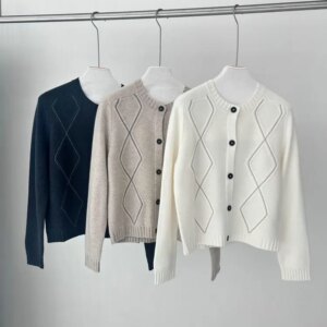 Autumn B*C Beaded Rhombic Cardigan for Women 100% Wool Round Neck Long Sleeve Single Breasted Casual Ladies Knitted Sweater