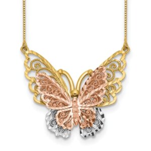 14k Yellow Rose Gold w Rhodium Butterfly Necklace