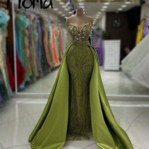 Elegant Lime Green 2 Pieces Formal Prom Dresses With Overskirt Dubai Beads Strapless Mermaid Wedding Dinner Party Gowns Custom