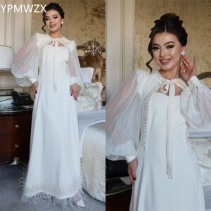 Customized Evening Dress Party Occasion Formal Prom Gown YPMWZX Scoop Neckline A-line Floor Length Skirts Bead Pearl Feath