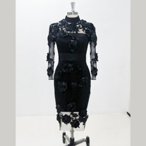 Elegant Black Long Sleeved 3D Flower Evening Dress New Fashion Female Ankle length Party Prom Gowns