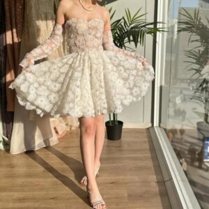 Sexy short off white chiffon lace applique dress with A-line sweetheart collar for formal evening party and dance dress