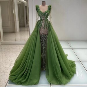 Green Mermaid Evening Dress with Long Train Long Sleeve Prom Party Dress Sweetheart Illusion Crystal Celebrity Dress Customized