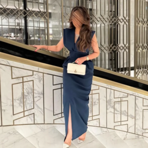Vintage Long Navy Blue V Neck Satin Evening Dresses Sleeveless with Slit Sheath Ankle Length فساتين سهرة