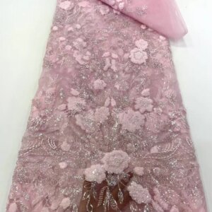African Pink Lace Fabric 2024 High Quality Luxury Handmade Beaded Lace Fabric Bridal French Tulle Mesh Laces For Wedding A887-1