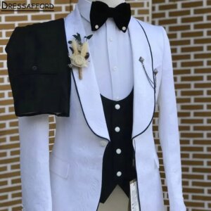 White Jacquard Wedding Suits Men’s Business Suit Formal 3 Pieces (Jacket Vest Pants) Man Tuxedo Groom Wear