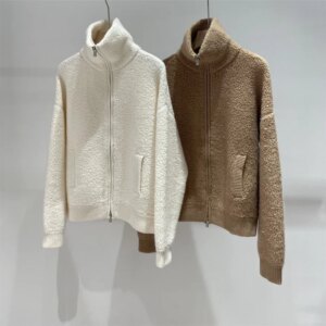 Women’s Cardigan Jacket Zippered Stand Collar Solid Color Boucle Knitwear Cashmere Sweater Autumn Winter