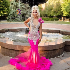 Luxurious Hot Pink Crystal Evening Dress Elegant Mermaid Aso Ebie Black Girls Prom Dresses Feather Plus Size Birthday Occasion