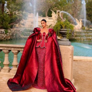 Detachable Long Cape Sleeve Prom Dresses Burgundy Beaded Luxury Evening Dress Dubai Arabic Wedding Reception Gowns Customized
