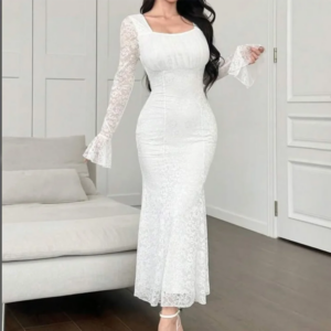 Customized Tight Fitting A-Line Prom Dresses Tea-Length Square Collar Full Sleeve Evening Gown Fashion Lace Ruffles Party Gown