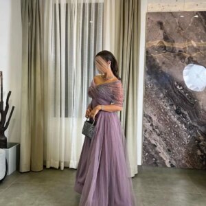 Customized Off The Shoulder Prom Dresses Beadings Pleated Tulle Floor Length Evening Dresses Party Dresses