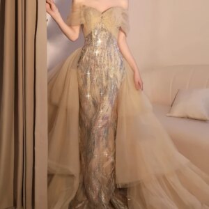 Woman Evening Dresses Mermaid Off The Shoulder Tulle Lace Graduation Wedding Bride Party Cocktail Prom Gowns Detachable Trail