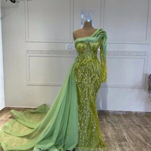 Elegant Dubai Green Formal Occasion Dress with Side Train Beading Long Sleeve Wedding Party Dresses Evening Award Ceremony Gown