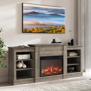 66″ Electric Fireplace Heater Mantel TV Stand & Media Entertainment Center for TVs up to 66″ with Energy-Efficient Heater