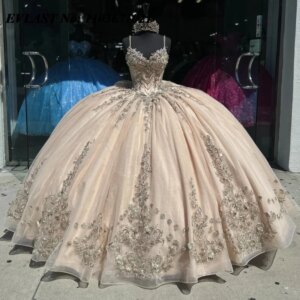 EVLAST Customized Champagne Quinceanera Dress Ball Gown Off Shoulder Sequined Appliques Beads Sweet 16 Vestidos De 15 Anos SQ716