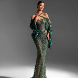Dazzling Green Beaded Mermaid Evening Dress For Women Illusion Off Shoulder Wedding Party Gown Customized Graceful Prom Dresses