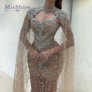 Luxury Crystals Beaded Mermaid Evening Dresses 2025 Customized Long Removable Shawl Nude Lace Prom Party Gown Vestidos de Gala