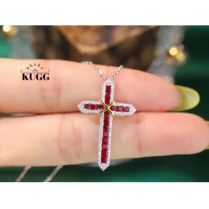 KUGG 100% 18K White&Yellow Gold Necklace Elegant Cross Pendant Luxury Diamond Natural Ruby Necklace for Women High Party Jewelry