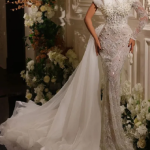 Elegant Pearls Beaded Mermaid Evening Dress White One Shoulder Lace Long Prom Dress Dubai Celebrity Formal Gown 2024 Robe Soiree