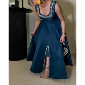 Bella Customized Blue Glitter Pearls Square Collar robes de soirée Side Slit Satin Party Dresses Ankle-Length Prom Dress 2024