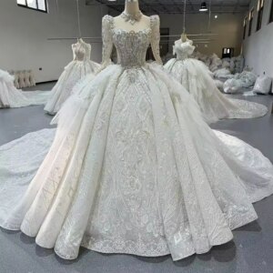 שמלת כלה Long Sleeves Square Collar Beading Crystal Ball Gown Wedding Dress Lace Long Bridal Dress vestido de novia Luxury