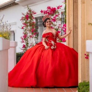 Customized Red Off Shoulder Quinceanera Dress Tull crystal applique 3D flower Lace Bow vestidos de 15 Quinceanera