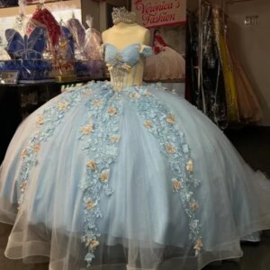 Sky Blue Shiny Princess Quinceanera Dresses Appliqued Flower Beads Tull Corset Sweet 16 Dress Sweetheart Ball Gown Vestidos 15