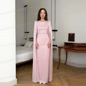 Simple Pink Evening Dresses Mermaid Woman’s Sexy Long Sleeve Split Formal Prom Growns Satin Customized Party Vestidos De Fiesta