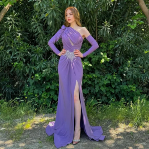 Customized Mermaid Sequin Prom Gowns One-shoulder Sweep Train Side Slit  Evening Dresses Long Sleeve Party Dresses