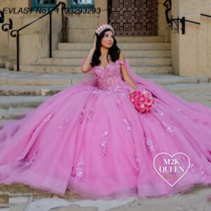 EVLAST Customized Luxury Pink Quinceanera Dress Ball Gown Lace Applique Crystal Beaded Bow Sweet 16 Vestido De 15 Anos E1Q508