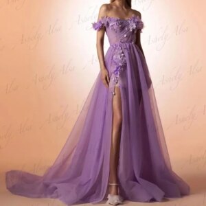 NB19 Customized Purple Women Prom Dresses Off Shoulder 3D Flower A Line High Slit Party Holiday Dress Evening vestidos de noche