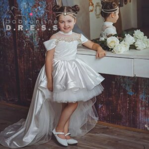 BABYONLINE Customzied Communion Dress High-neck Beaded Gem Stones on the Bodice Off-shoulderHi-Low Gown Formal Ball Party
